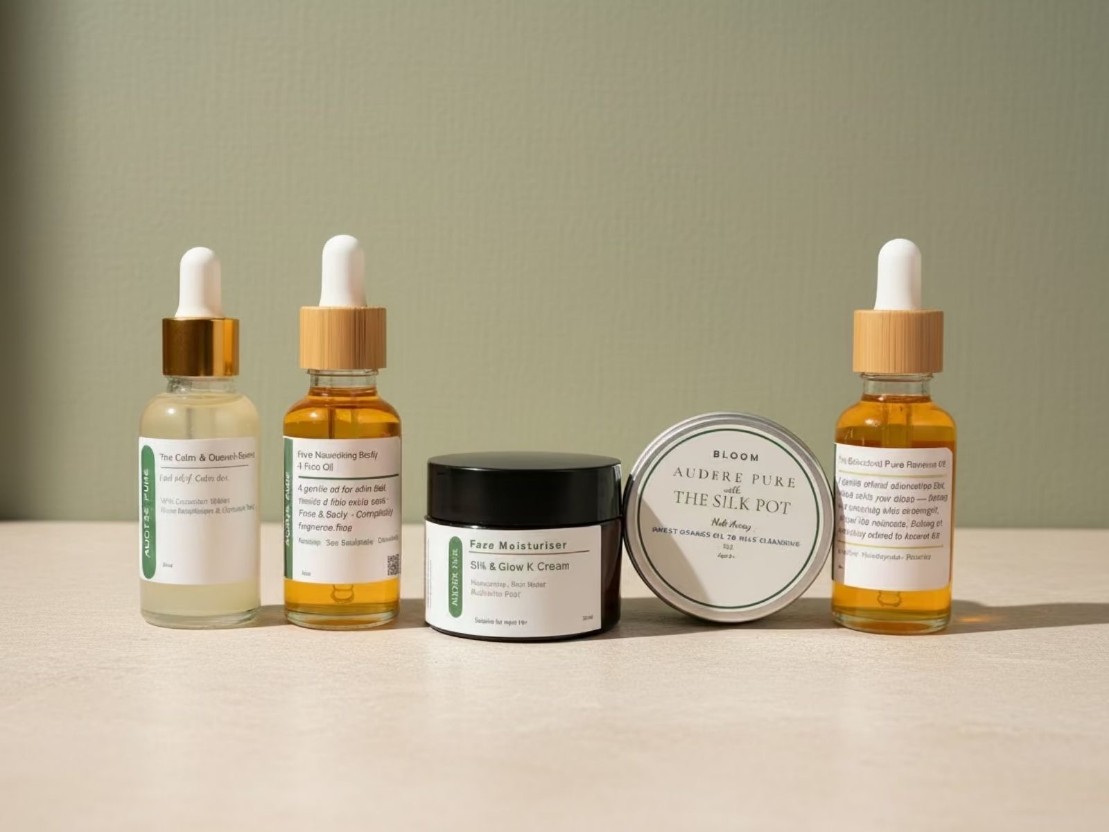 The Audere Pure skincare collection — facial oils, Silk & Glow cream and the Silk Pot cleansing bar