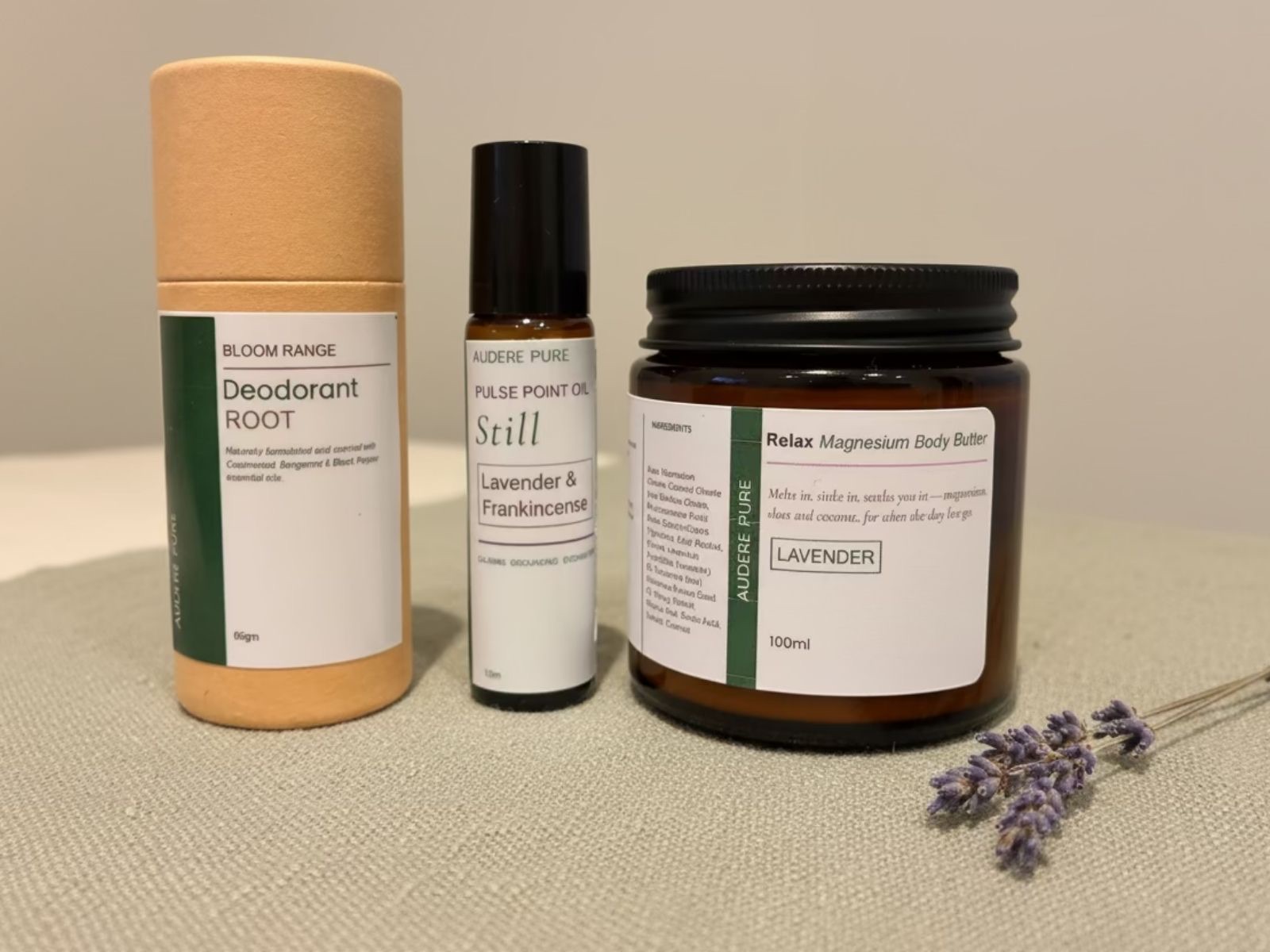 The Audere Pure wellness collection — Still pulse point oil, Relax magnesium body butter and Bloom deodorant