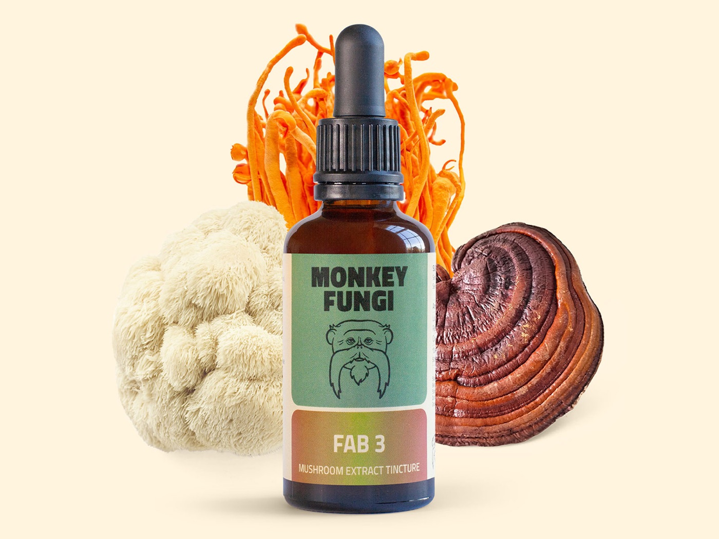 Monkey Fungi FAB 3 blend of Lion's Mane, Reishi and Cordyceps