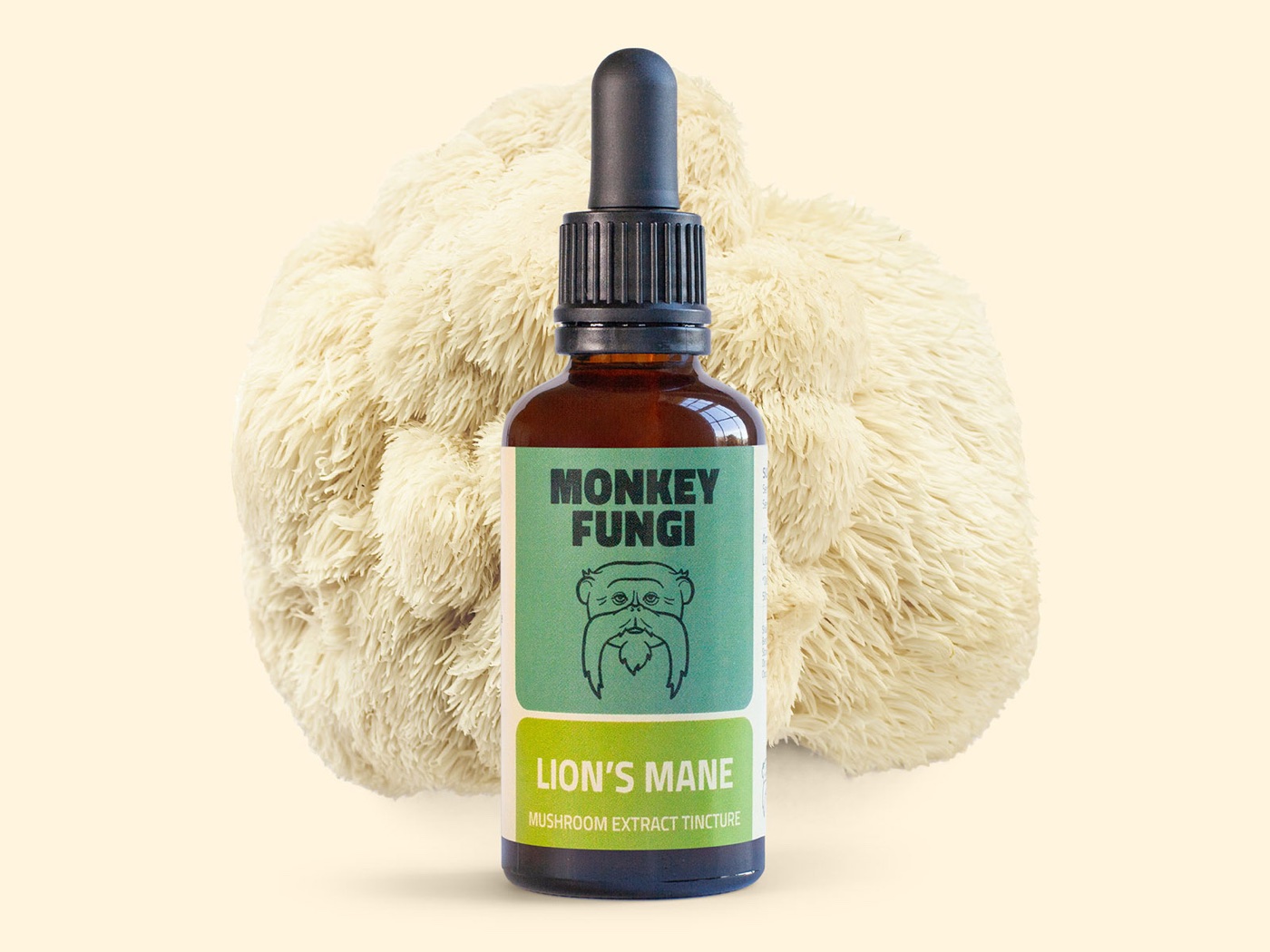 Monkey Fungi Lion's Mane tincture with the fresh mushroom